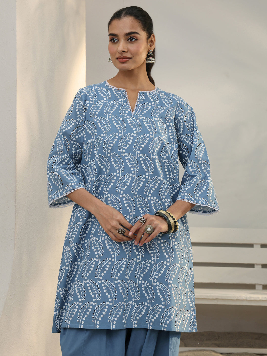  Blue Floral Embroidered Cotton Blend Straight Kurta Set 