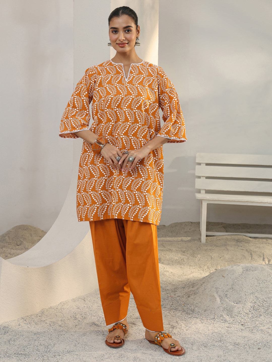  Orange Floral Embroidered Cotton Blend Straight Kurta Set 