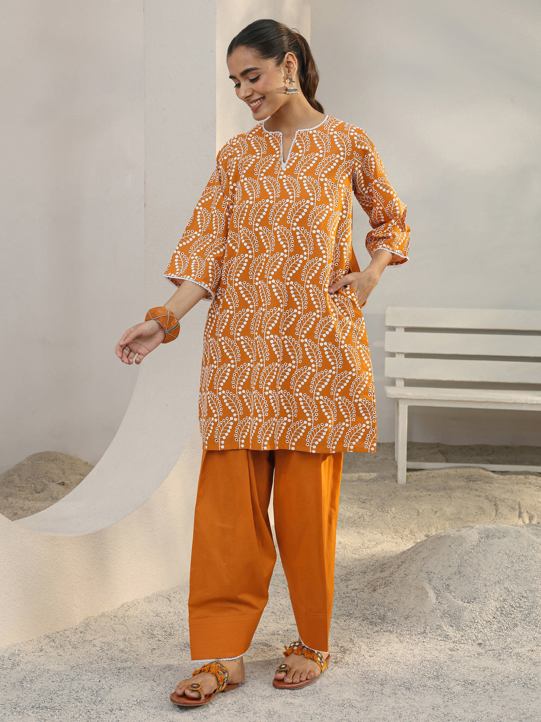  Orange Floral Embroidered Cotton Blend Straight Kurta Set 