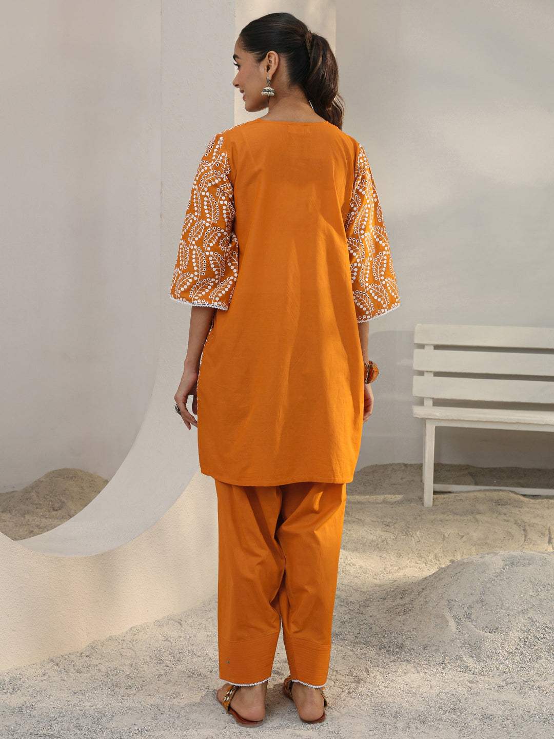  Orange Floral Embroidered Cotton Blend Straight Kurta Set 