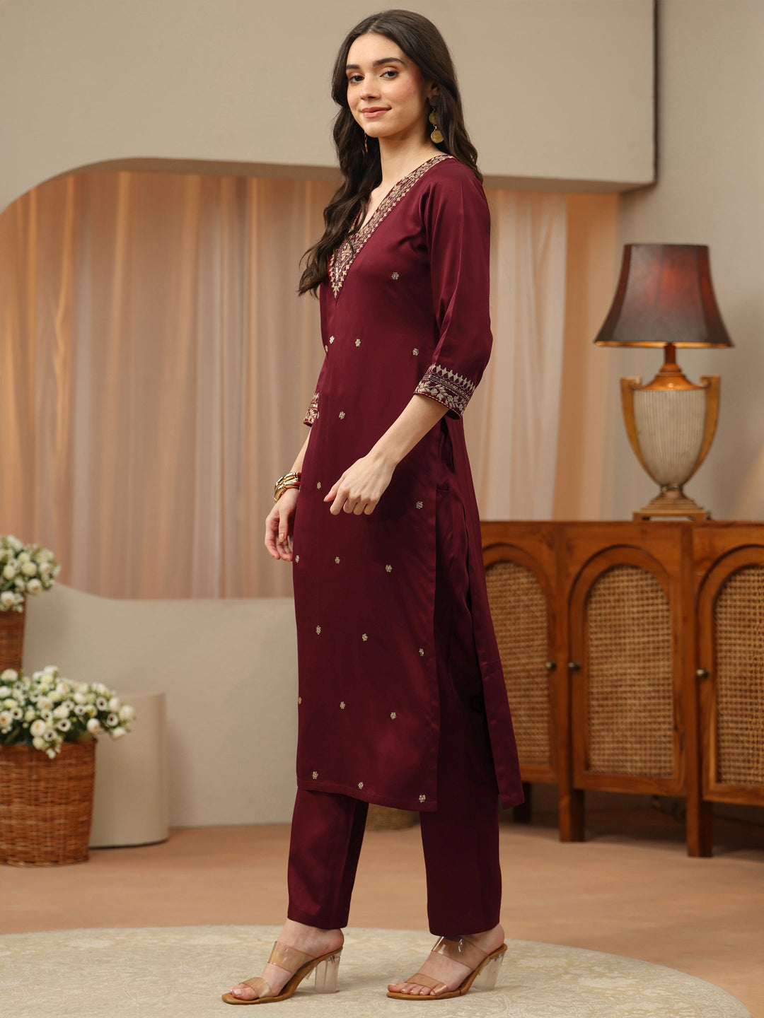  Maroon Gota Embellished Rayon Straight Suit Set 
