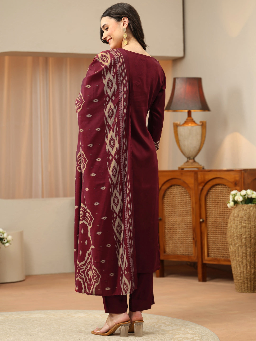  Maroon Gota Embellished Rayon Straight Suit Set 