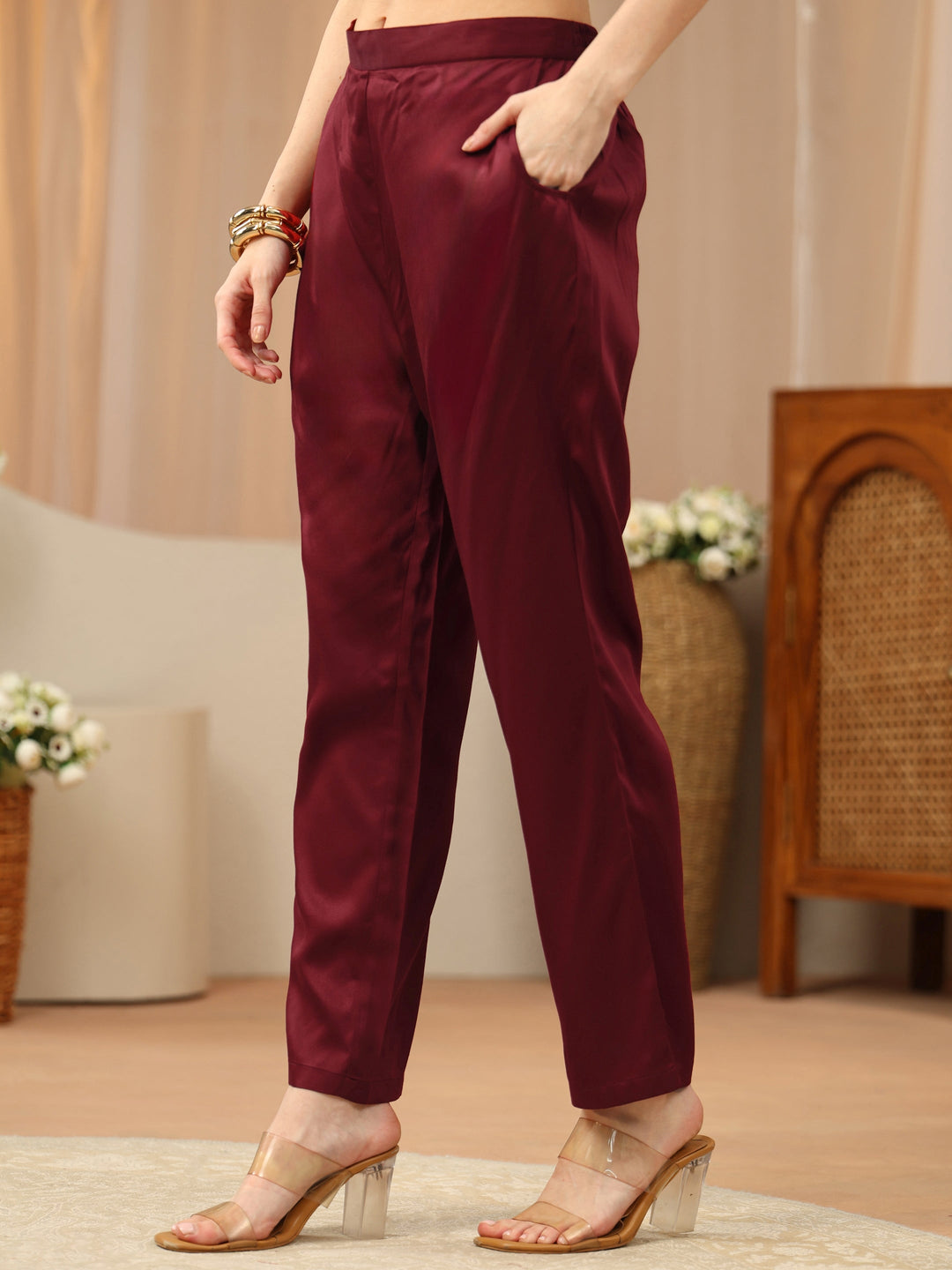  Maroon Gota Embellished Rayon Straight Suit Set 