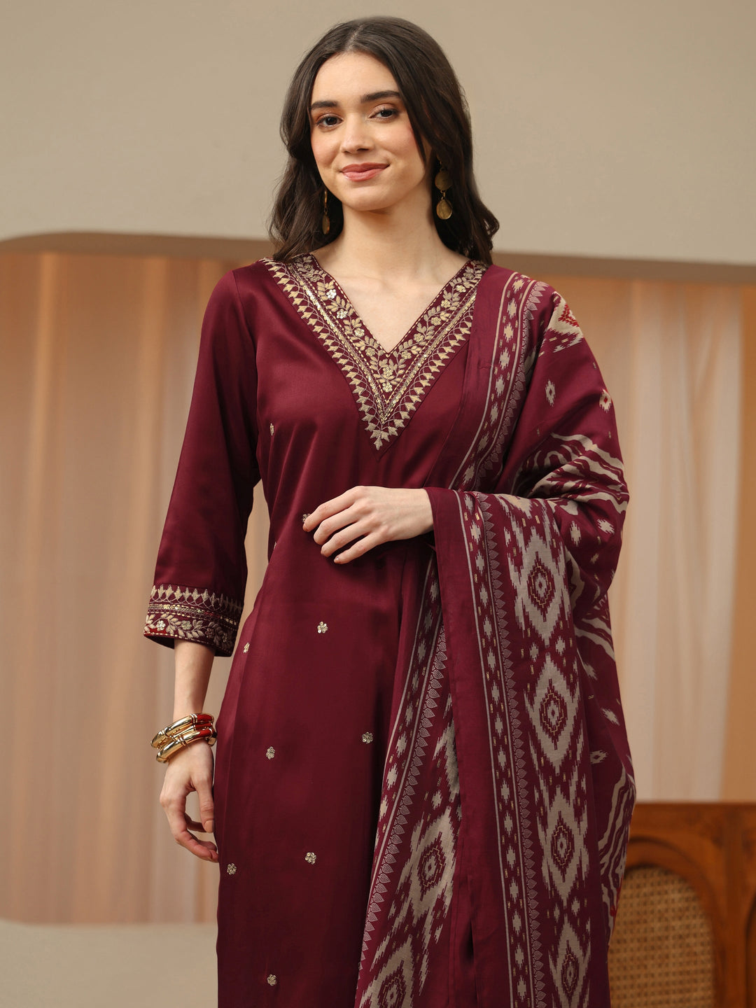  Maroon Gota Embellished Rayon Straight Suit Set 