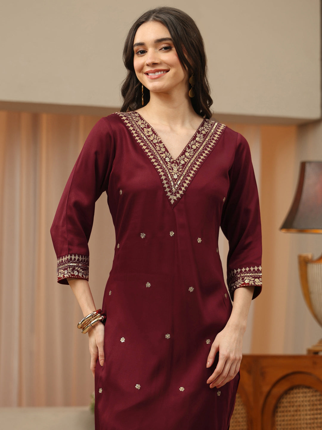  Maroon Gota Embellished Rayon Straight Suit Set 