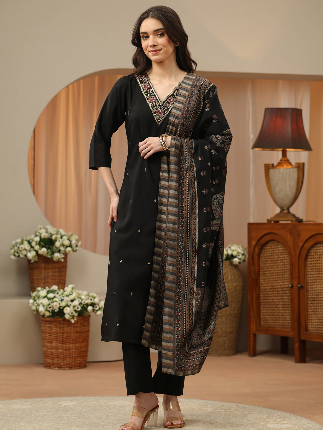  Black Floral Embroidered Rayon Straight Suit Set 