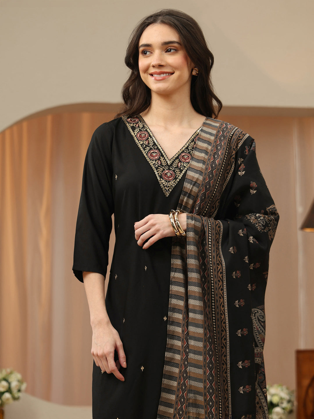  Black Floral Embroidered Rayon Straight Suit Set 