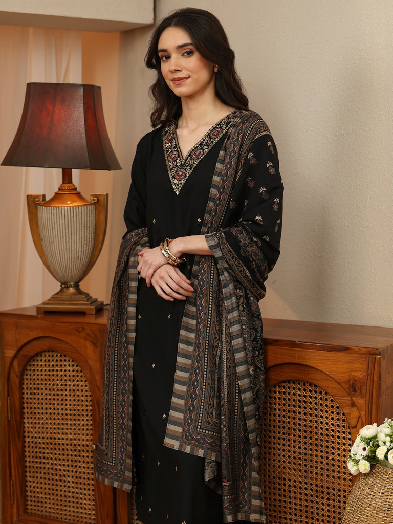 Libas Black Floral Embroidered Rayon Straight Suit Set