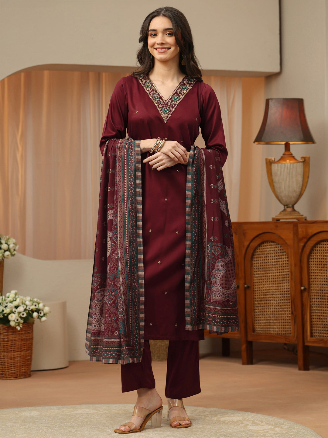  Maroon Neck Embroidered Rayon Straight Suit Set 