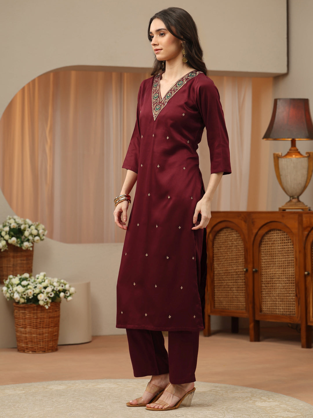  Maroon Neck Embroidered Rayon Straight Suit Set 