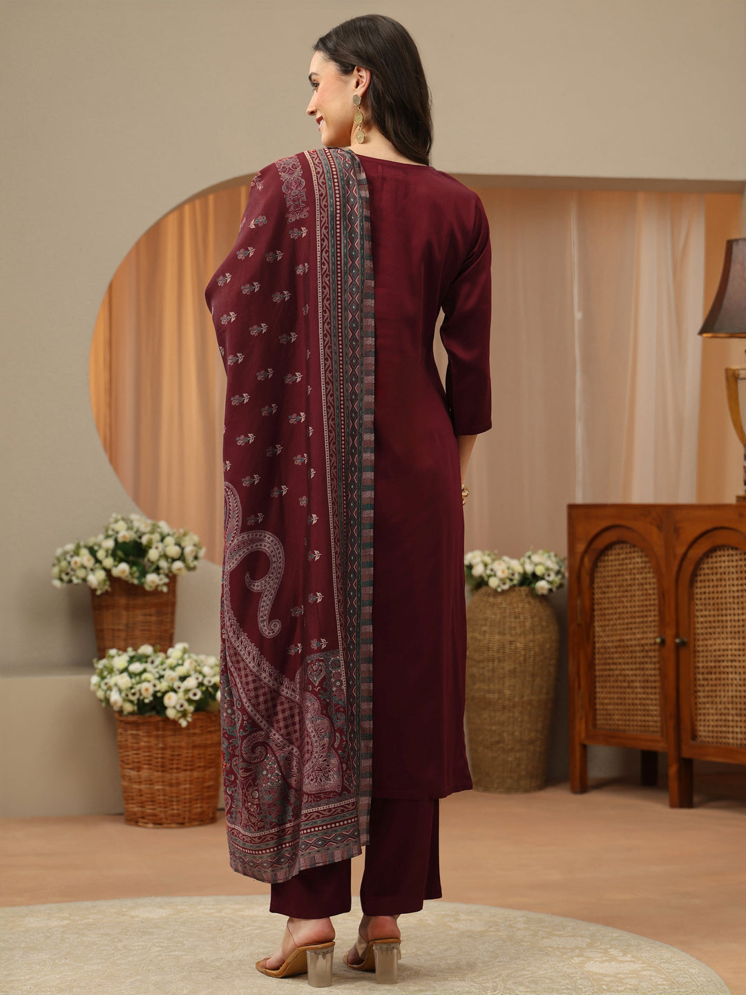  Maroon Neck Embroidered Rayon Straight Suit Set 