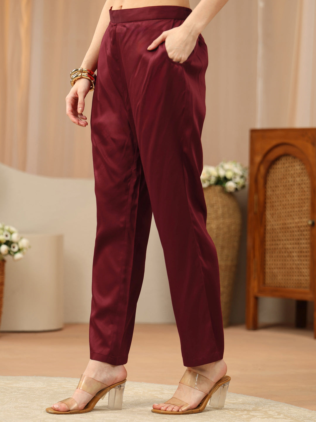  Maroon Neck Embroidered Rayon Straight Suit Set 