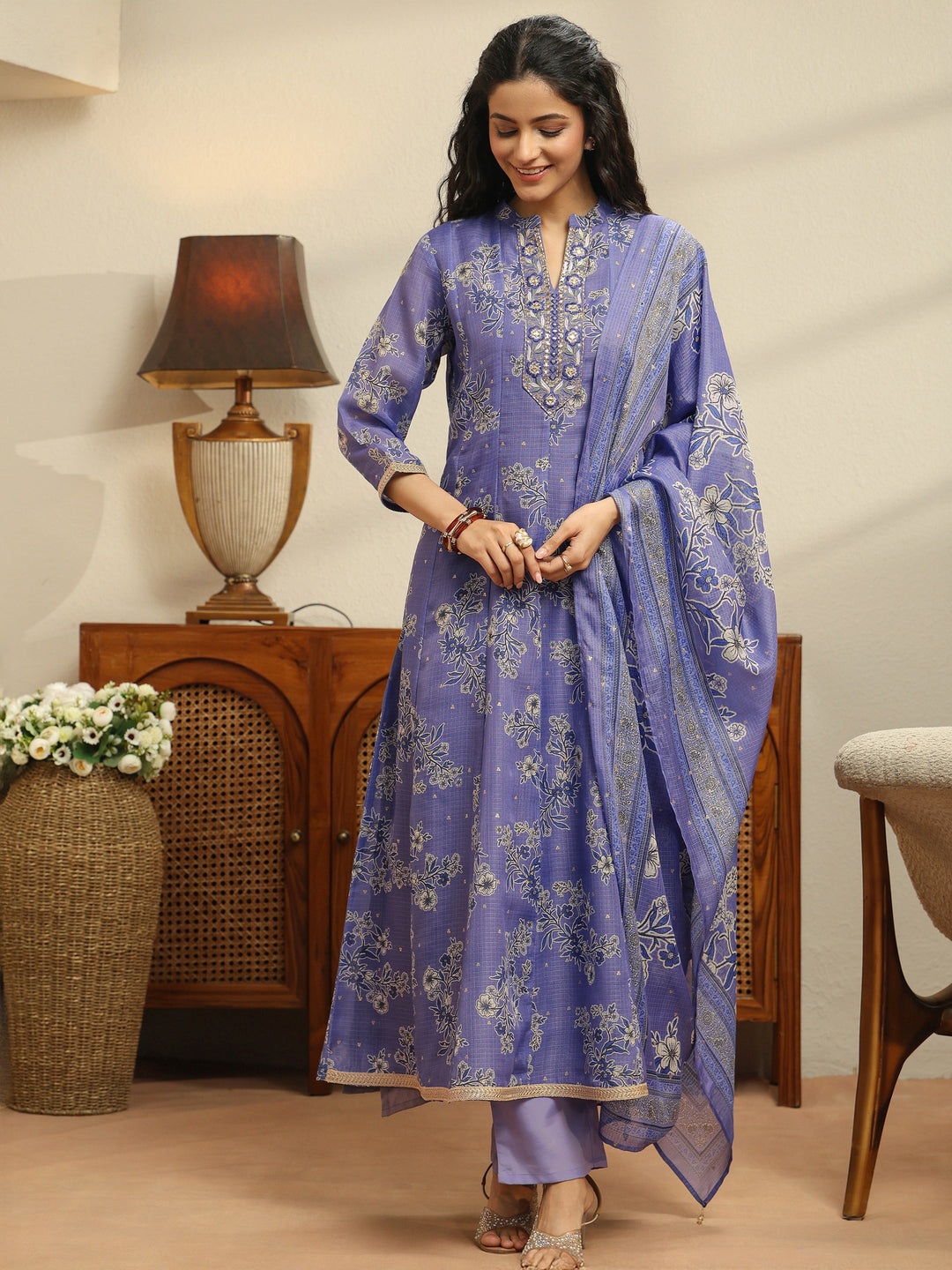  Lavender Floral Printed Chiffon Anarkali Suit Set 