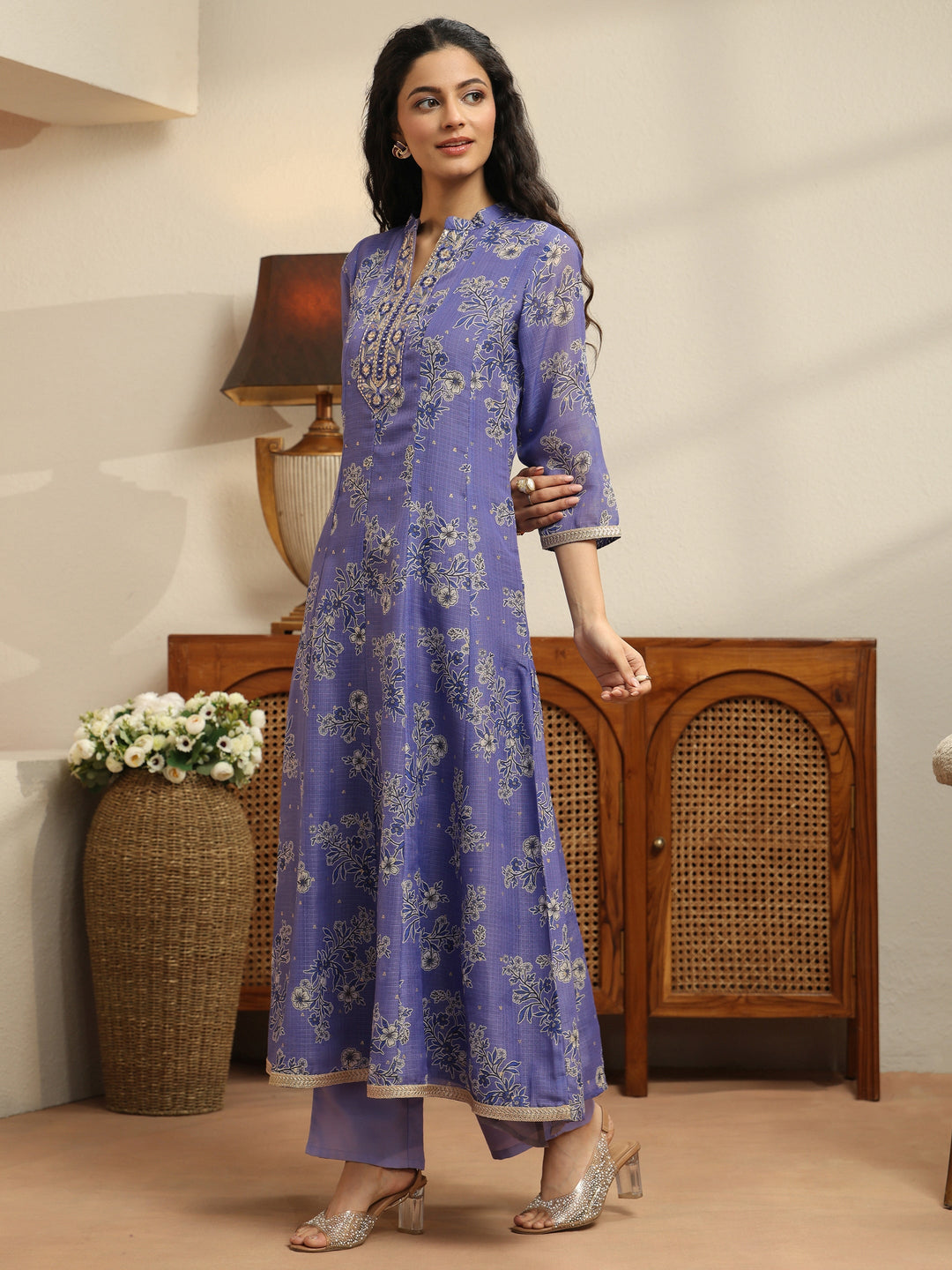  Lavender Floral Printed Chiffon Anarkali Suit Set 