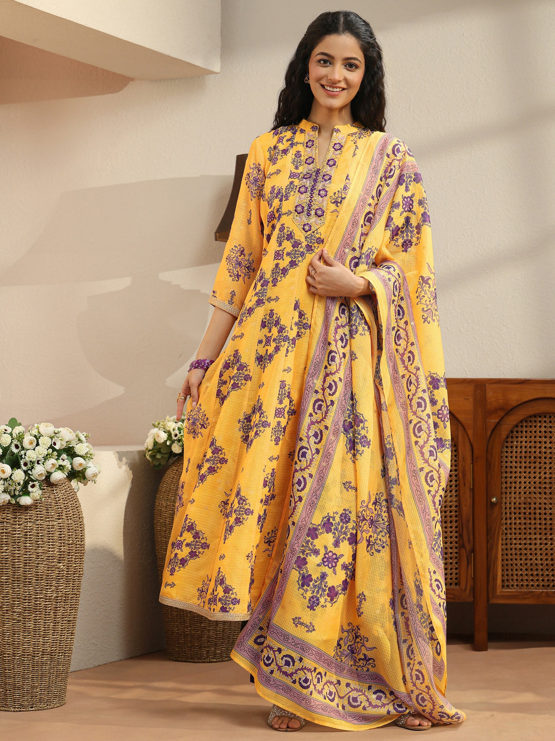  Yellow Floral Printed Chiffon Anarkali Suit Set 