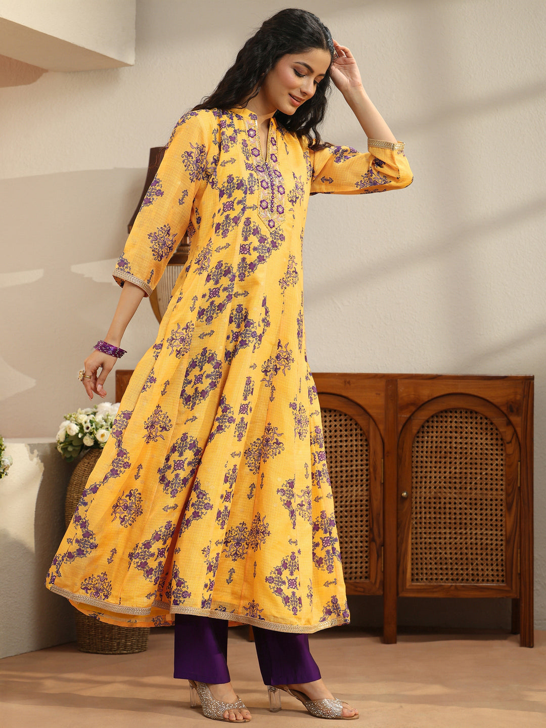  Yellow Floral Printed Chiffon Anarkali Suit Set 