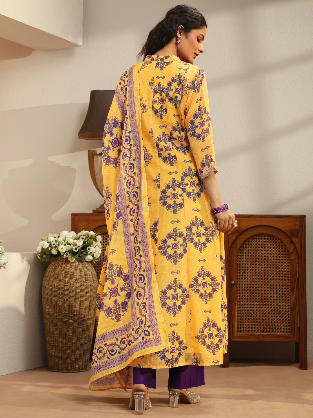  Yellow Floral Printed Chiffon Anarkali Suit Set 