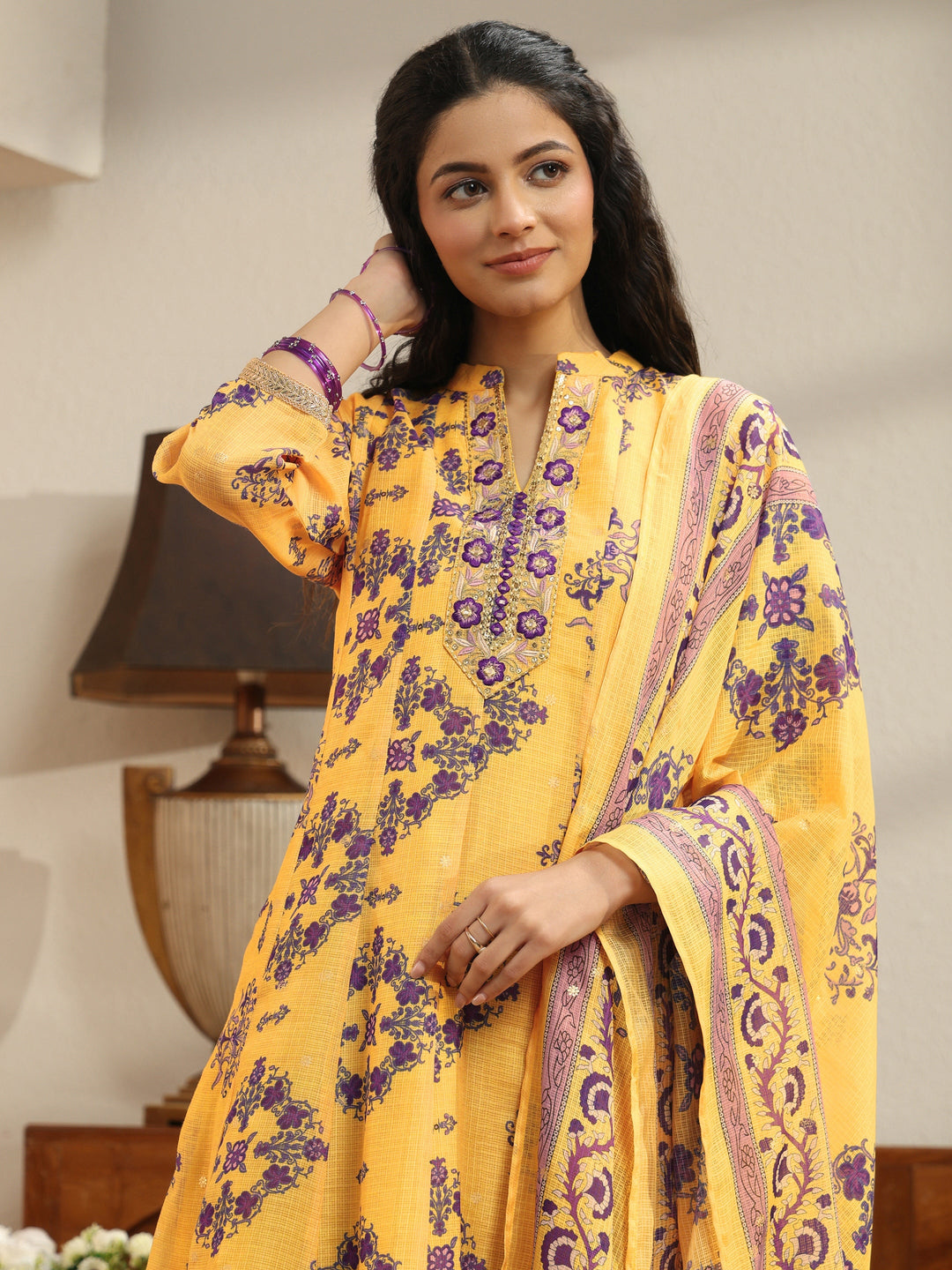  Yellow Floral Printed Chiffon Anarkali Suit Set 