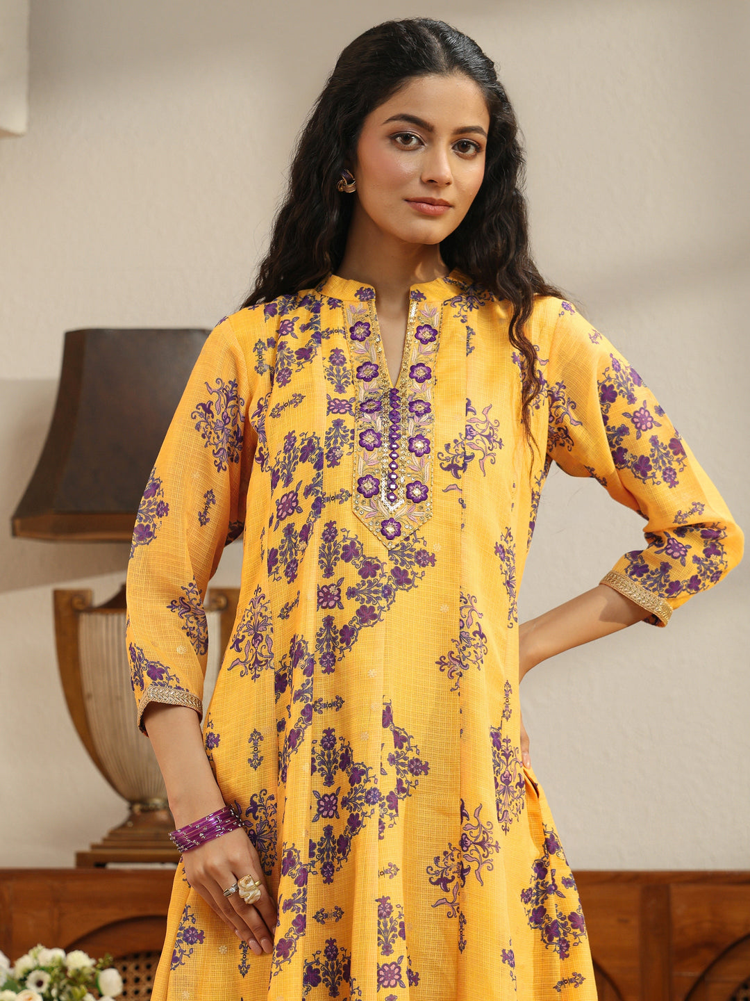  Yellow Floral Printed Chiffon Anarkali Suit Set 