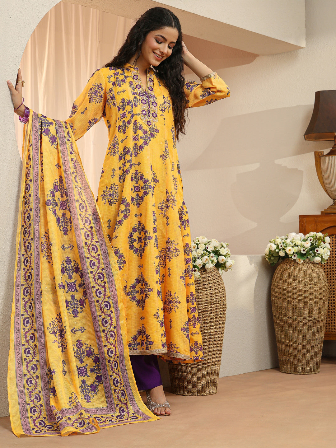  Yellow Floral Printed Chiffon Anarkali Suit Set 