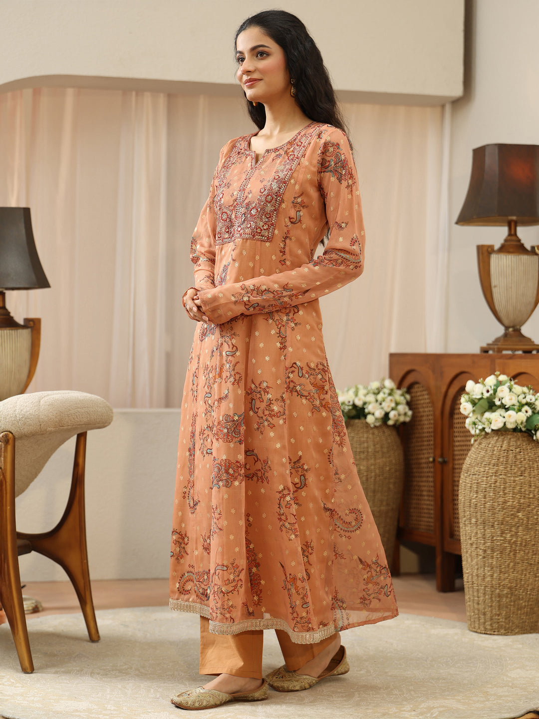  Coral Orange Floral Printed Chiffon Anarkali Suit Set 