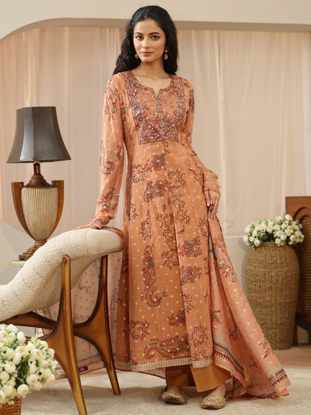  Coral Orange Floral Printed Chiffon Anarkali Suit Set 