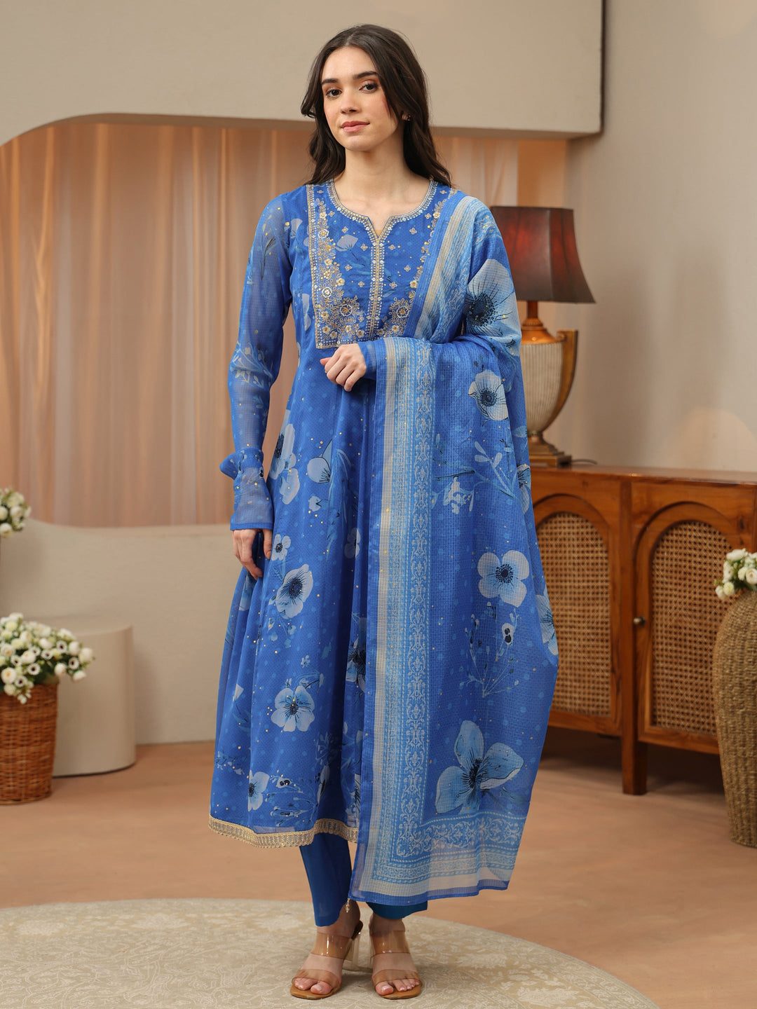  Blue Floral Printed Chiffon Anarkali Suit Set 