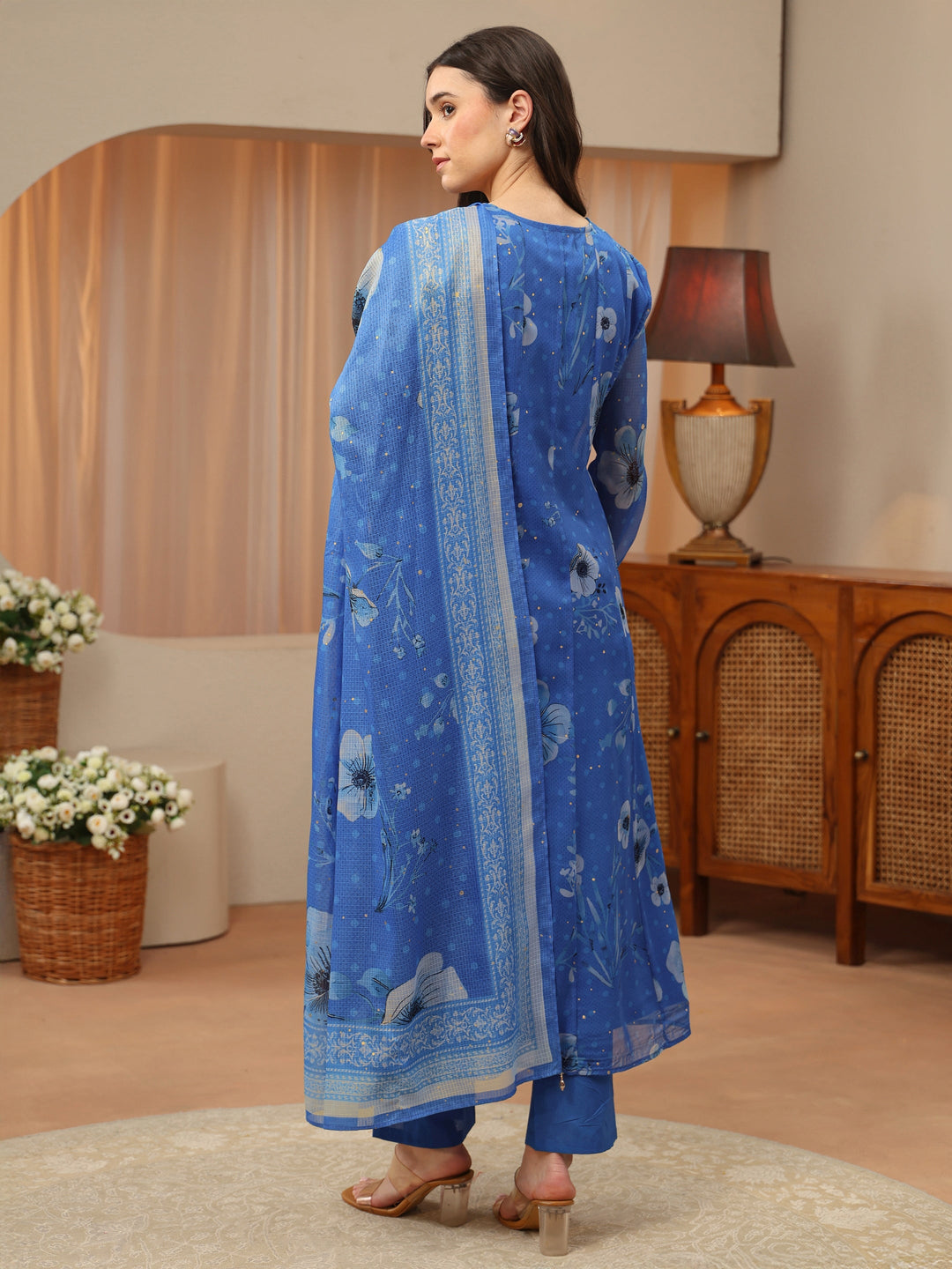  Blue Floral Printed Chiffon Anarkali Suit Set 