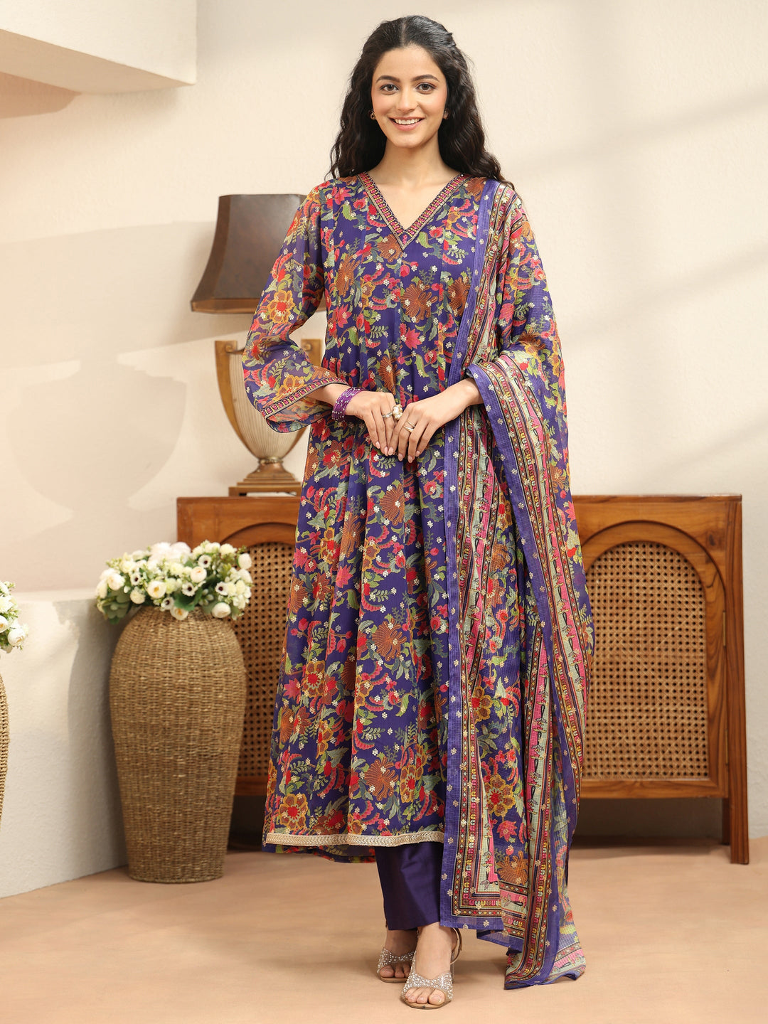  Violet Floral Printed Chiffon Anarkali Suit Set 