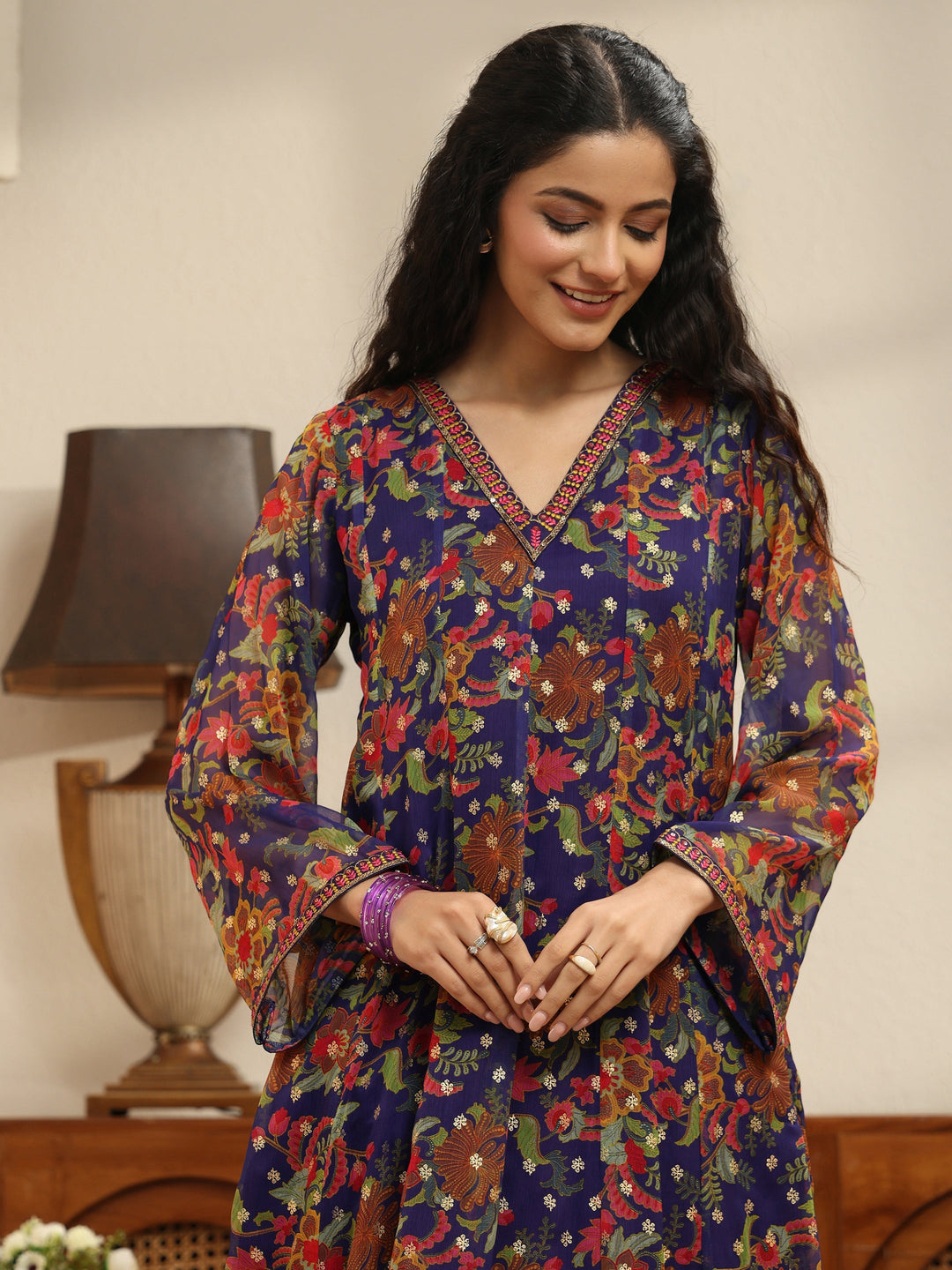  Violet Floral Printed Chiffon Anarkali Suit Set 