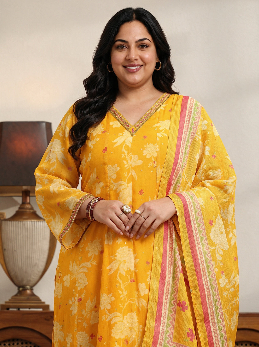  Plus Size Yellow Floral Printed Chiffon Anarkali Suit Set 
