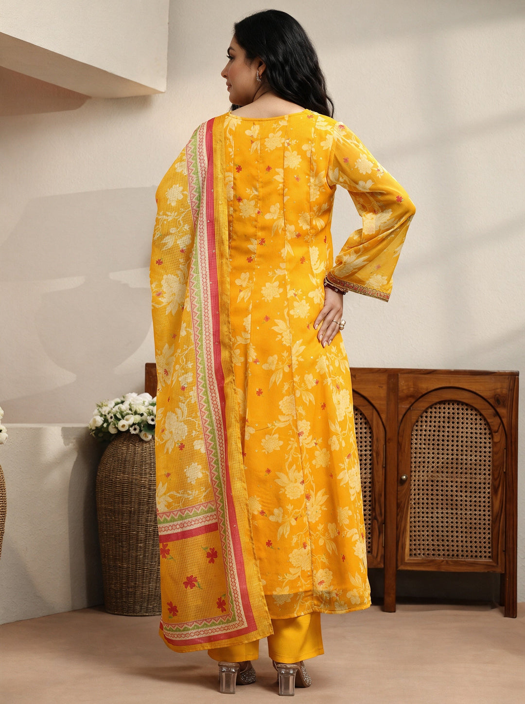  Plus Size Yellow Floral Printed Chiffon Anarkali Suit Set 