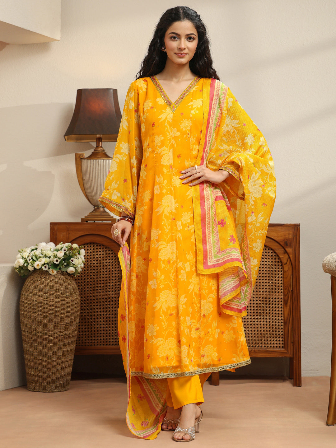  Sunflower Yellow Floral Printed Chiffon Anarkali Suit Set 