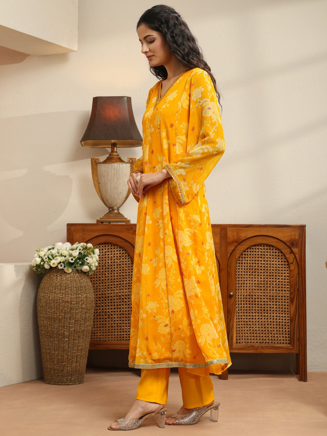  Sunflower Yellow Floral Printed Chiffon Anarkali Suit Set 