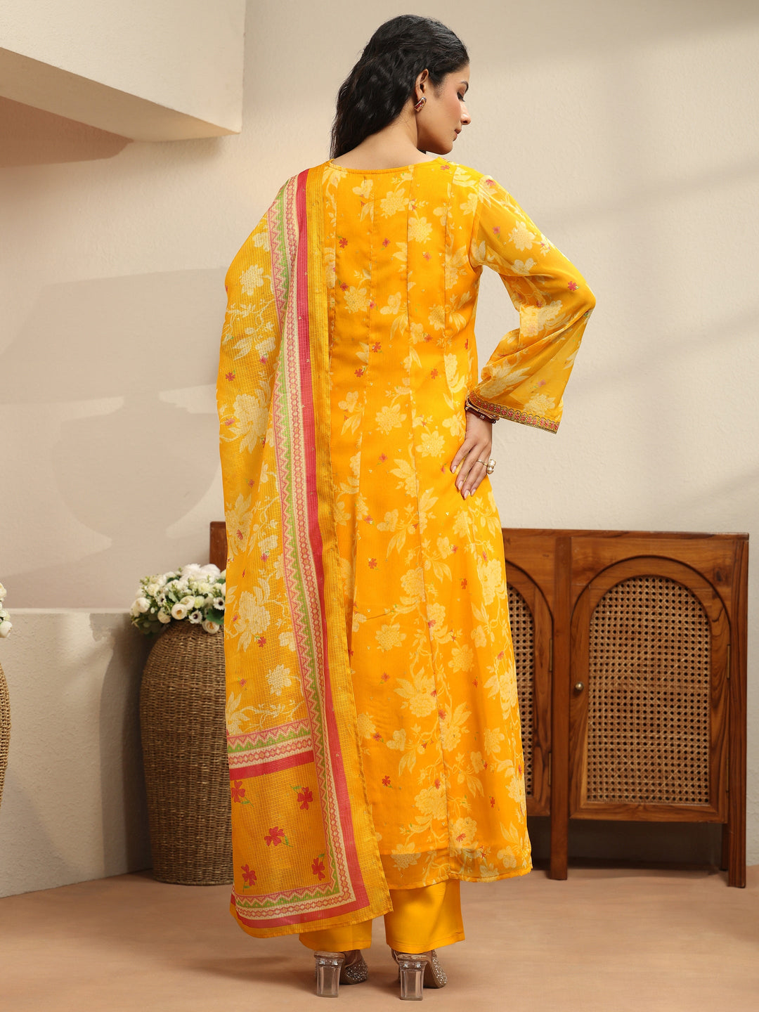  Sunflower Yellow Floral Printed Chiffon Anarkali Suit Set 