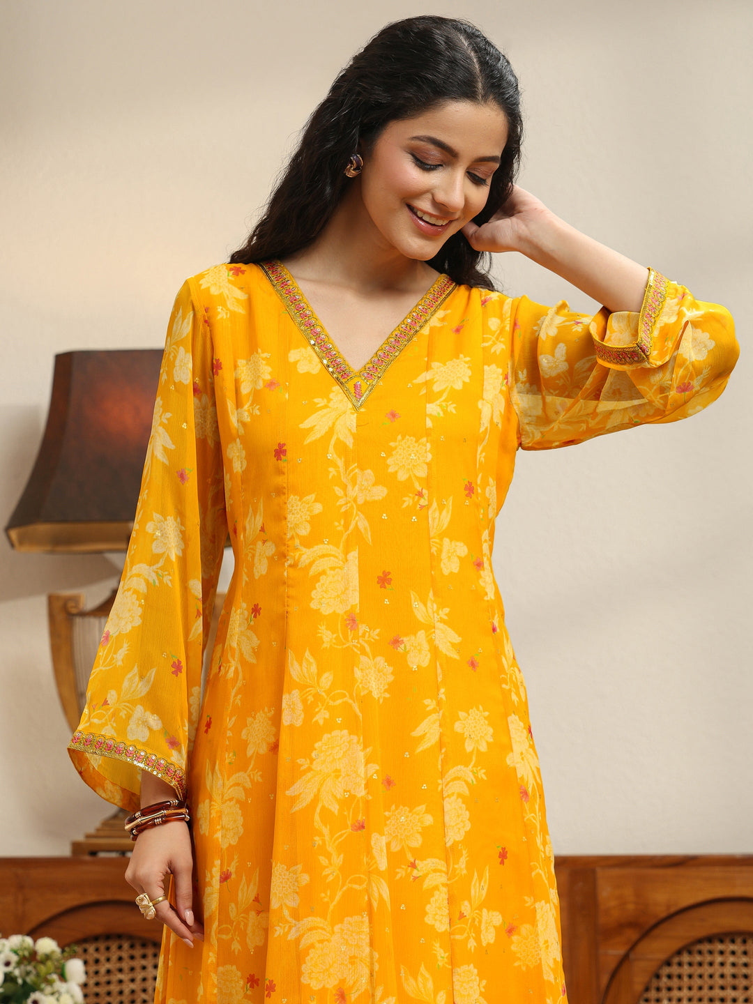  Sunflower Yellow Floral Printed Chiffon Anarkali Suit Set 
