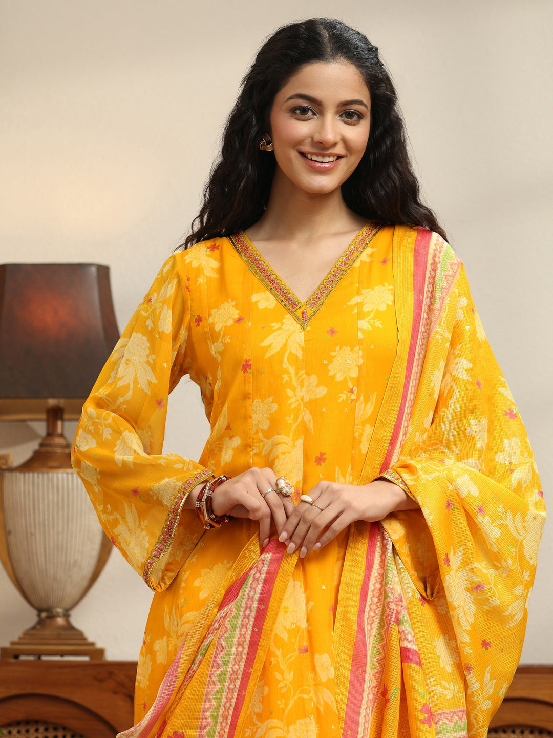  Sunflower Yellow Floral Printed Chiffon Anarkali Suit Set 