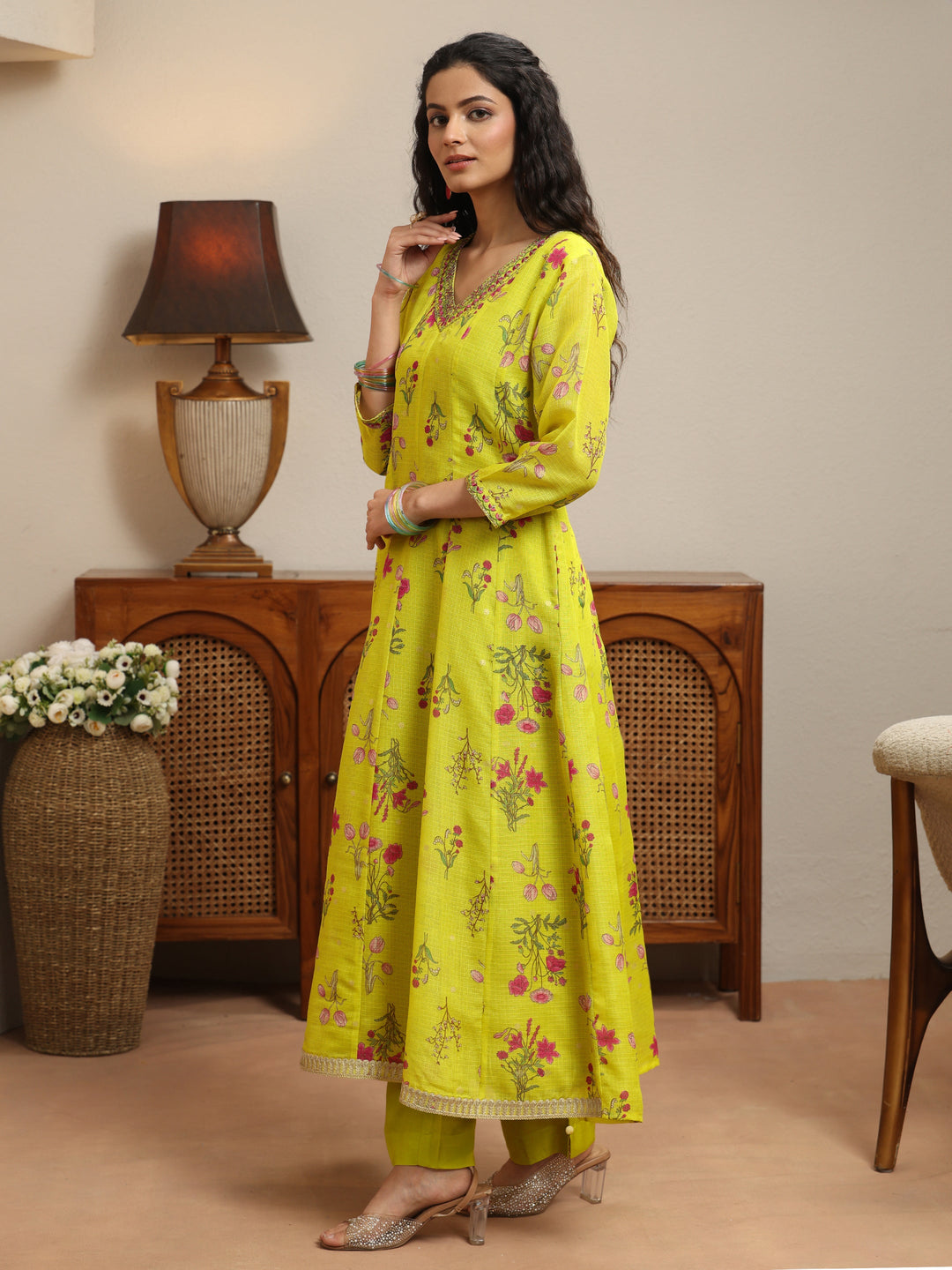  Lime Green Floral Printed Chiffon Anarkali Suit Set 