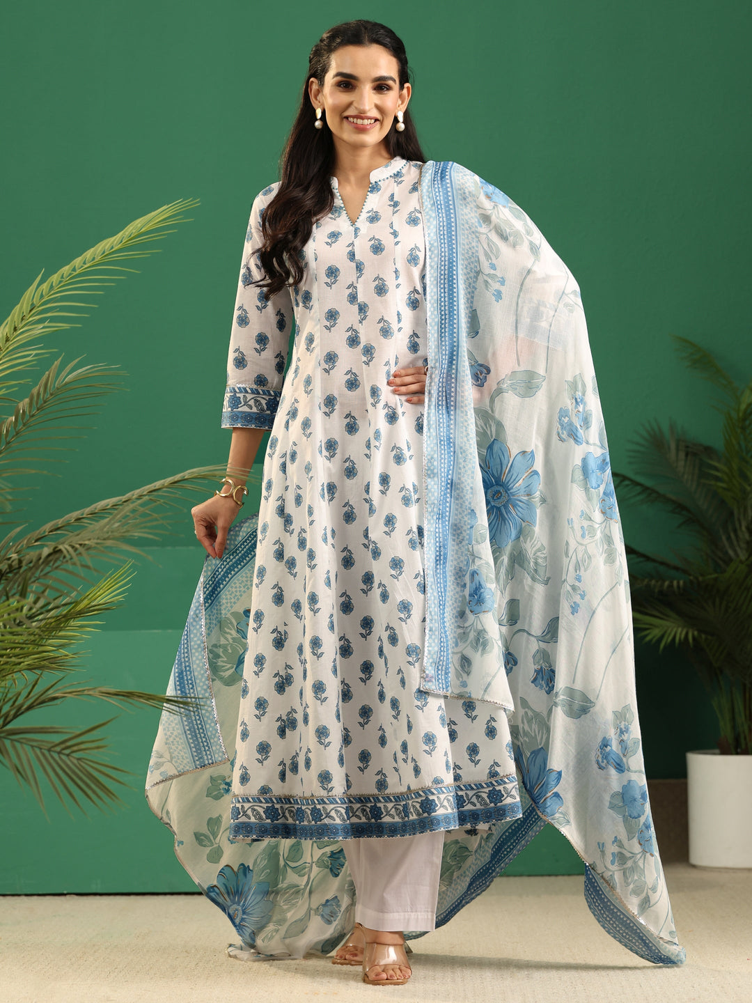  Libas White Floral Printed Cotton Anarkali Suit Set 