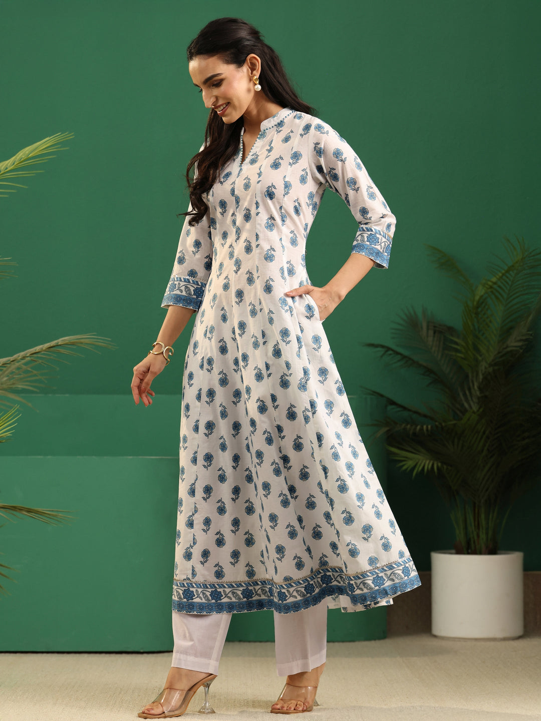  Libas White Floral Printed Cotton Anarkali Suit Set 