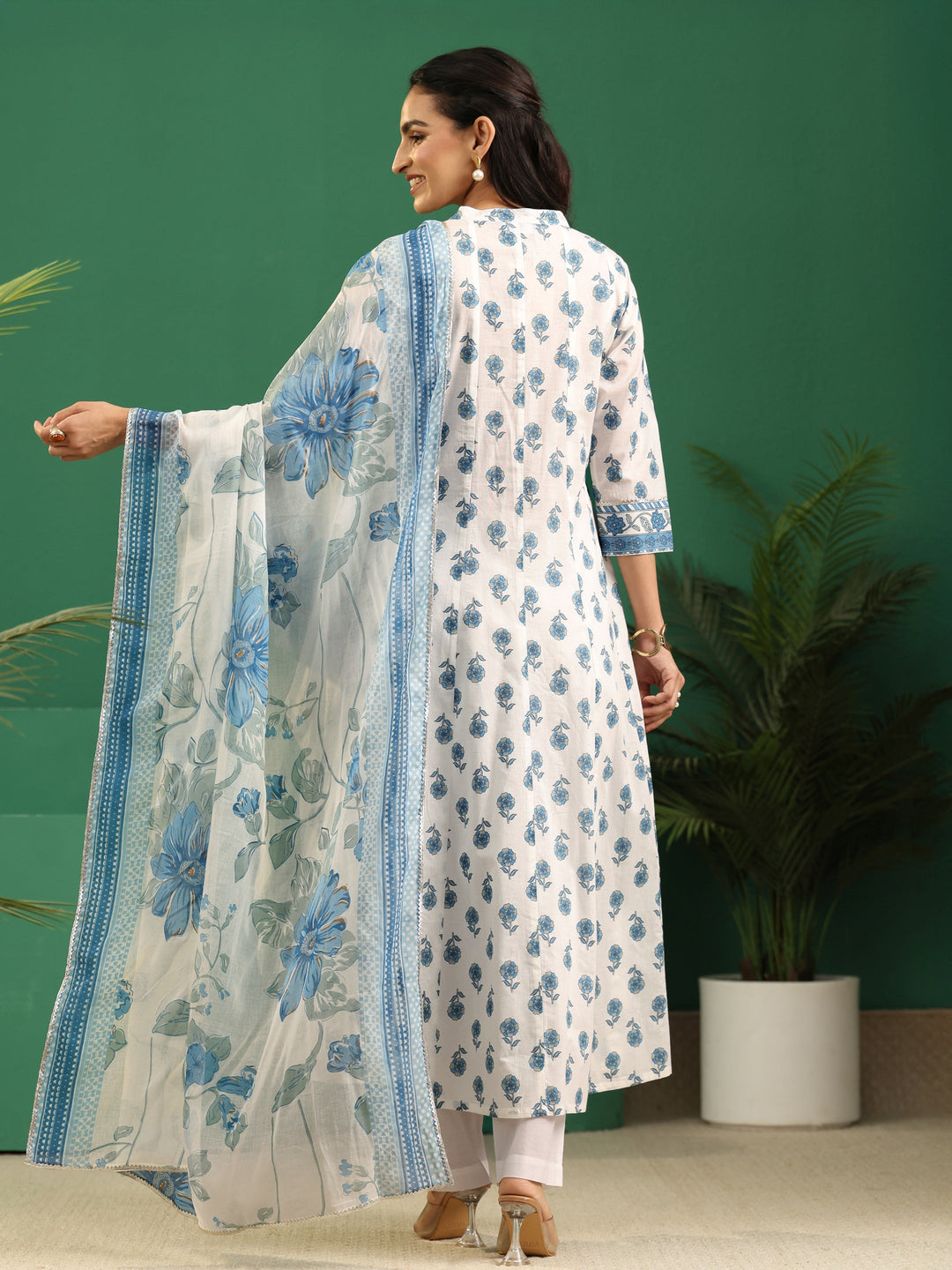  Libas White Floral Printed Cotton Anarkali Suit Set 