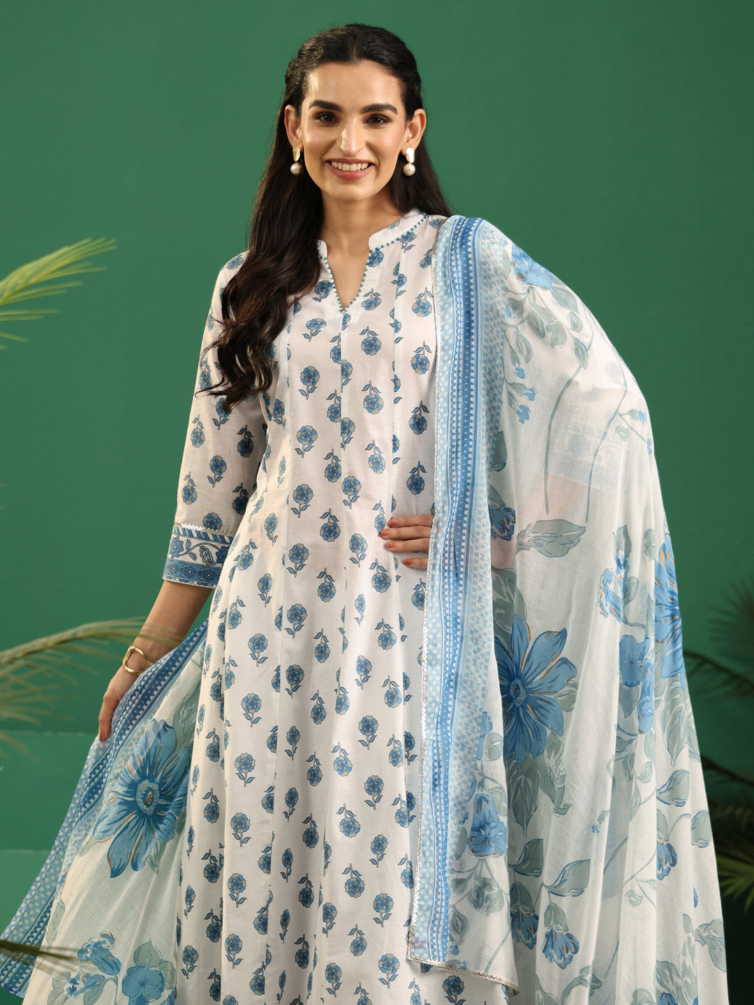 Libas White Floral Printed Cotton Anarkali Suit Set 