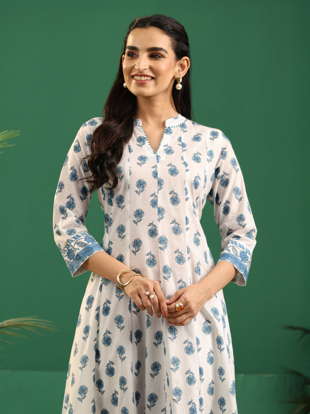  Libas White Floral Printed Cotton Anarkali Suit Set 