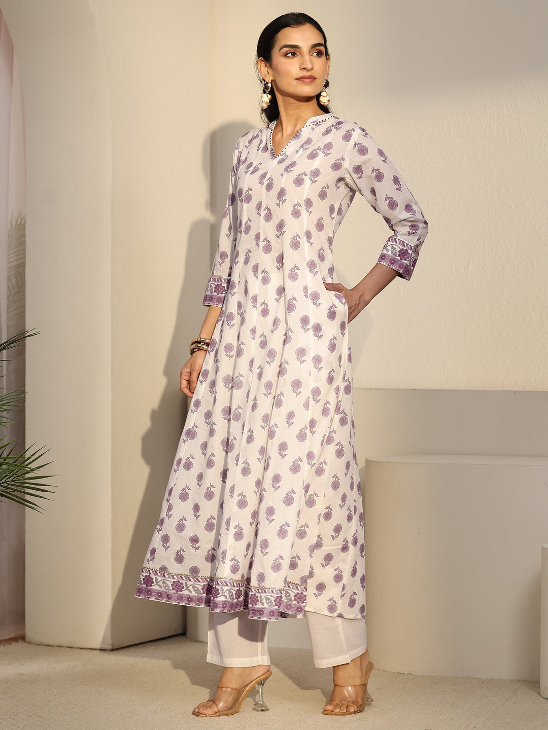 Libas White Floral Printed Cotton Anarkali Suit Set 