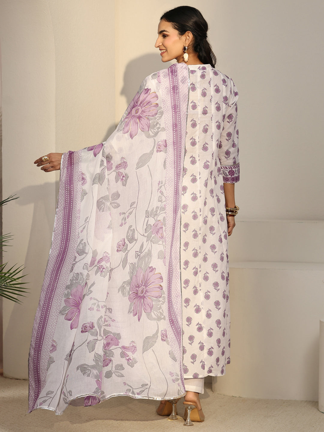  Libas White Floral Printed Cotton Anarkali Suit Set 