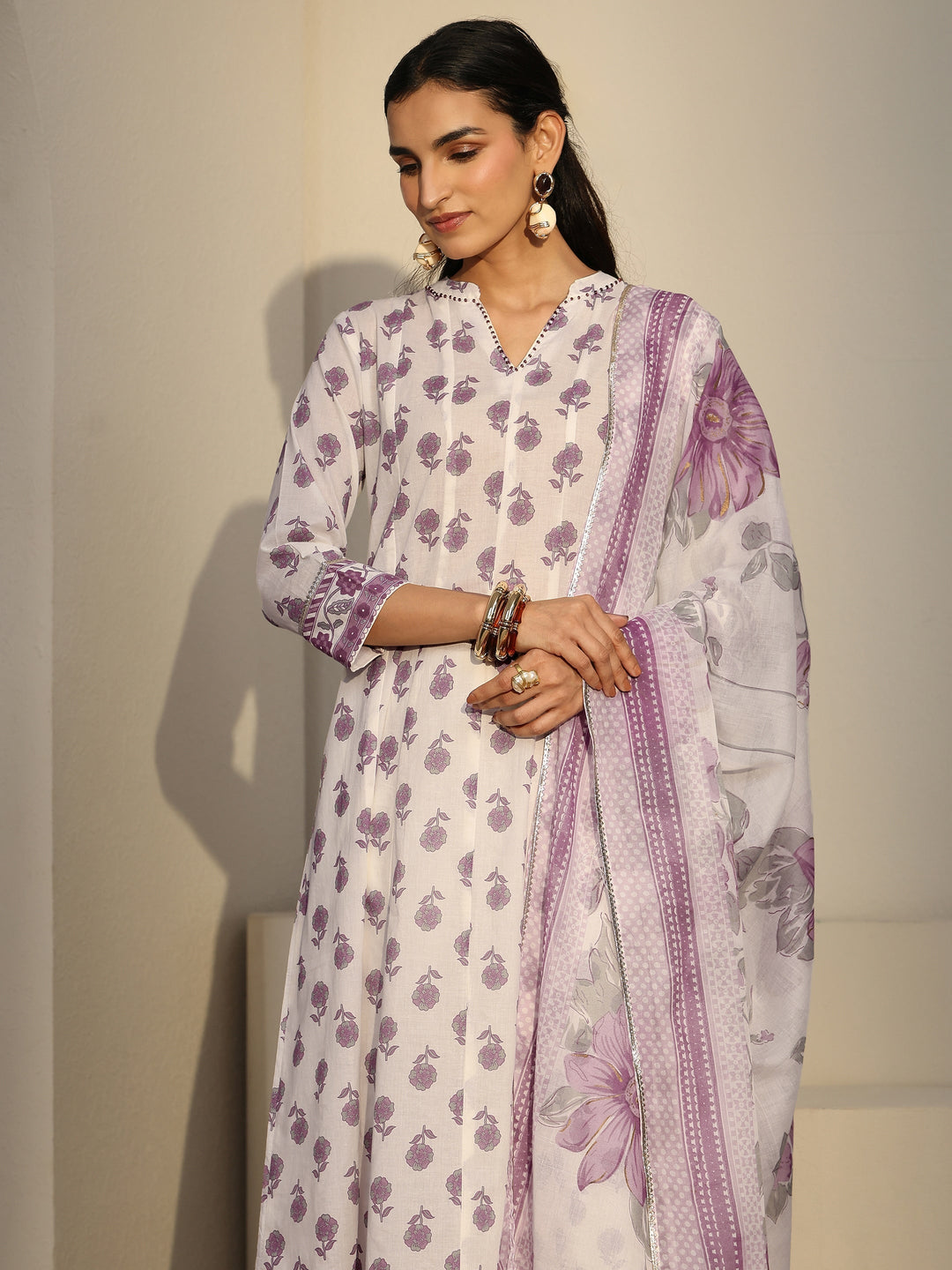  Libas White Floral Printed Cotton Anarkali Suit Set 