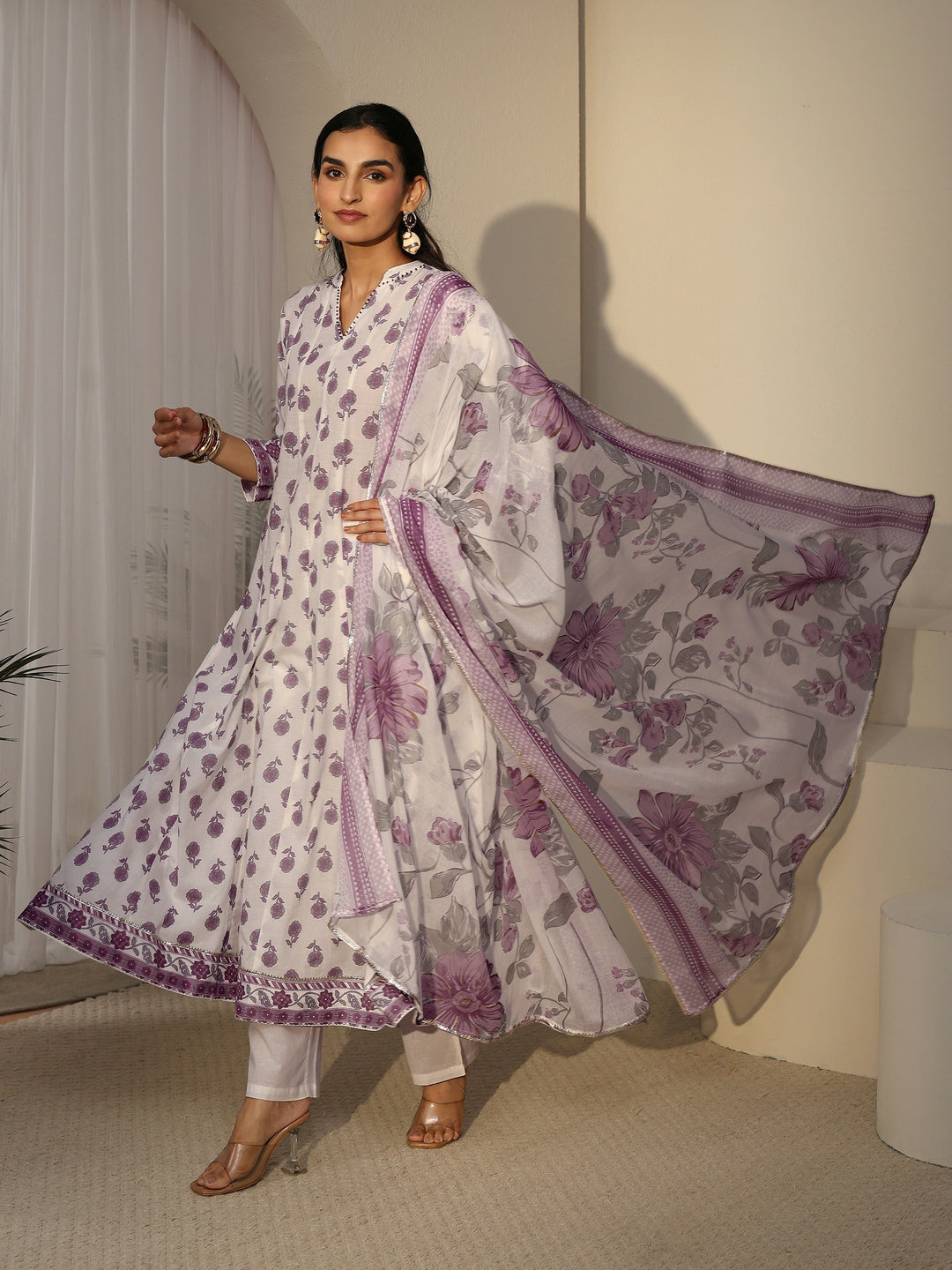  Libas White Floral Printed Cotton Anarkali Suit Set 