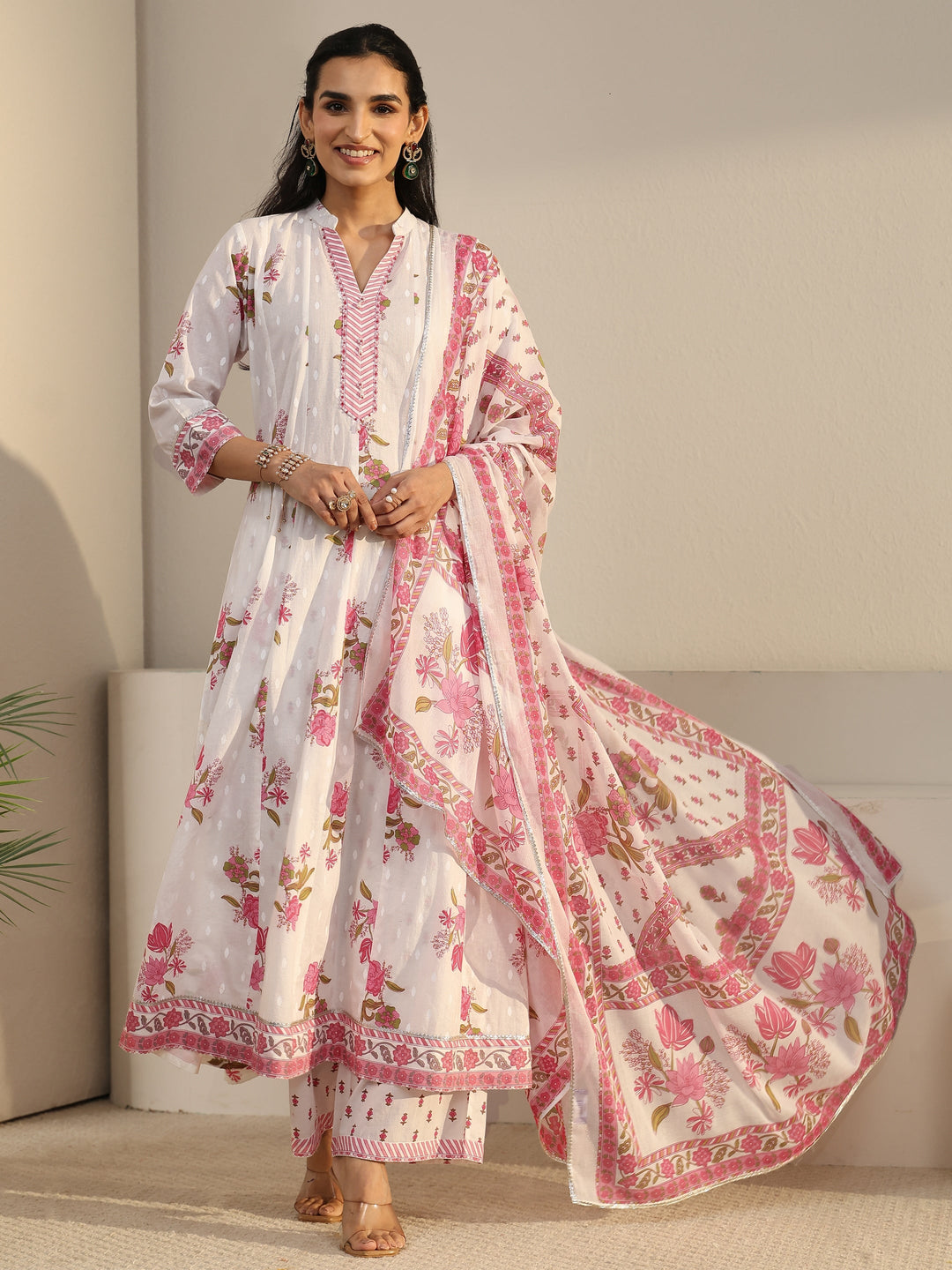  Libas White Floral Printed Cotton Anarkali Suit Set 