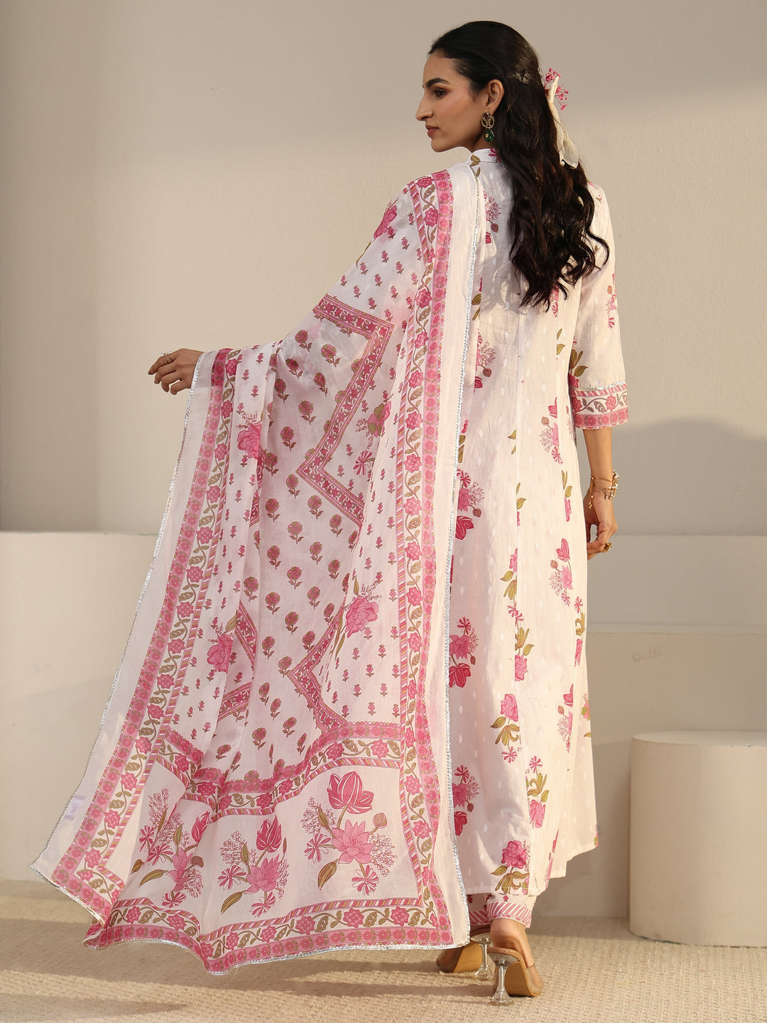  Libas White Floral Printed Cotton Anarkali Suit Set 
