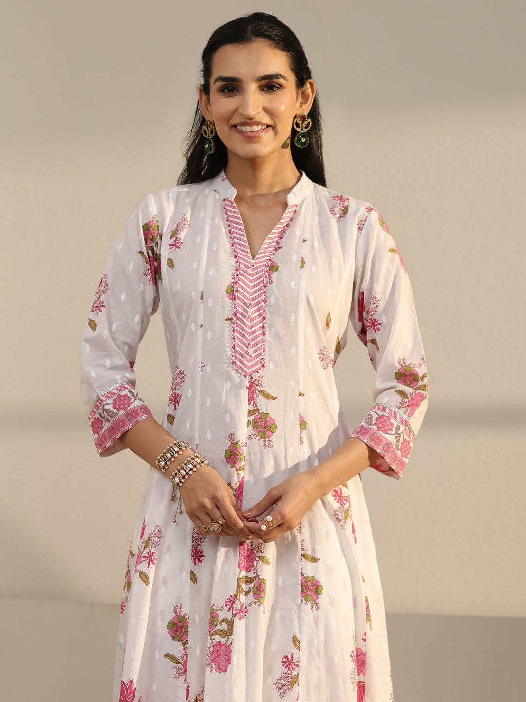  Libas White Floral Printed Cotton Anarkali Suit Set 